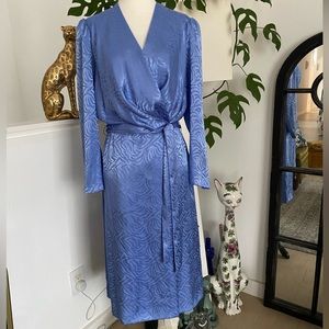 80s Vintage Nu-Mode blue satiny polyester long sleeve blue dress Medium
